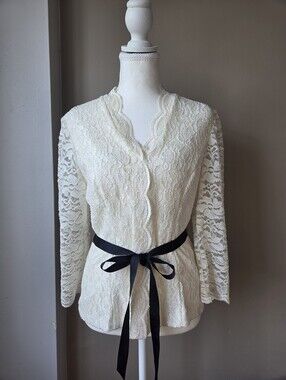 Alex Evenings Ivory Lace Jacket Size S Shimmer Ribbon Tie Formal Evening
